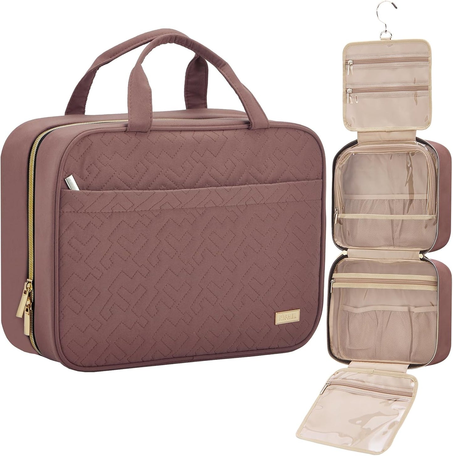 NISHEL Travel Toiletry Bag - Portable Hanging Organizer for Shampoo, Conditioner & Makeup | Medium Pink