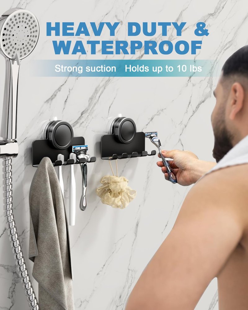RIVAMBER Suction Cup Hooks, Razor Holder for Shower, Matte Black Shaver Holder Waterproof No Drill Adhesive Hanger for Hanging Loofah Towel Toothbrush Bathroom Kitchen Tiles Glasses