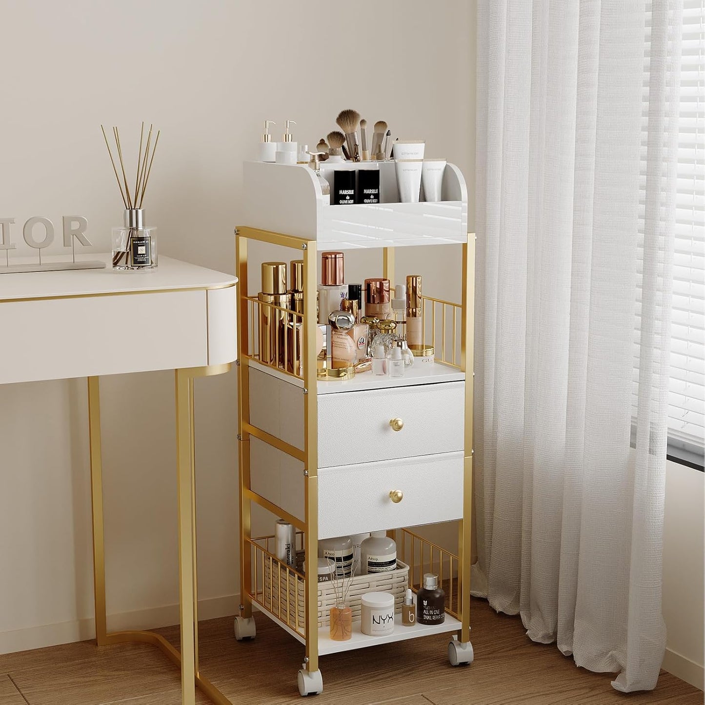 Makeup Organizer Cart - Large Skincare & Makeup Stand with Drawers | Gold Vanity Storage