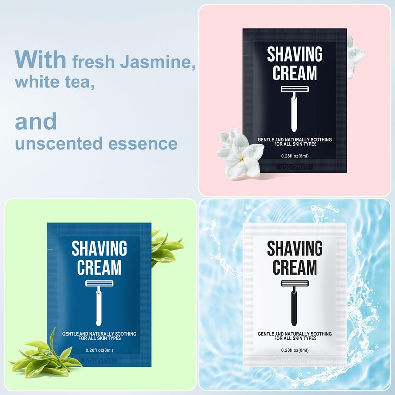 Shaving Cream Bulk Travel 8ml/0.28fl oz,Disposable Shaving Cream in Bulk Travel Shave Cream for Hotel Homeless （Jasmine, white tea and Unscented,pack of 60)