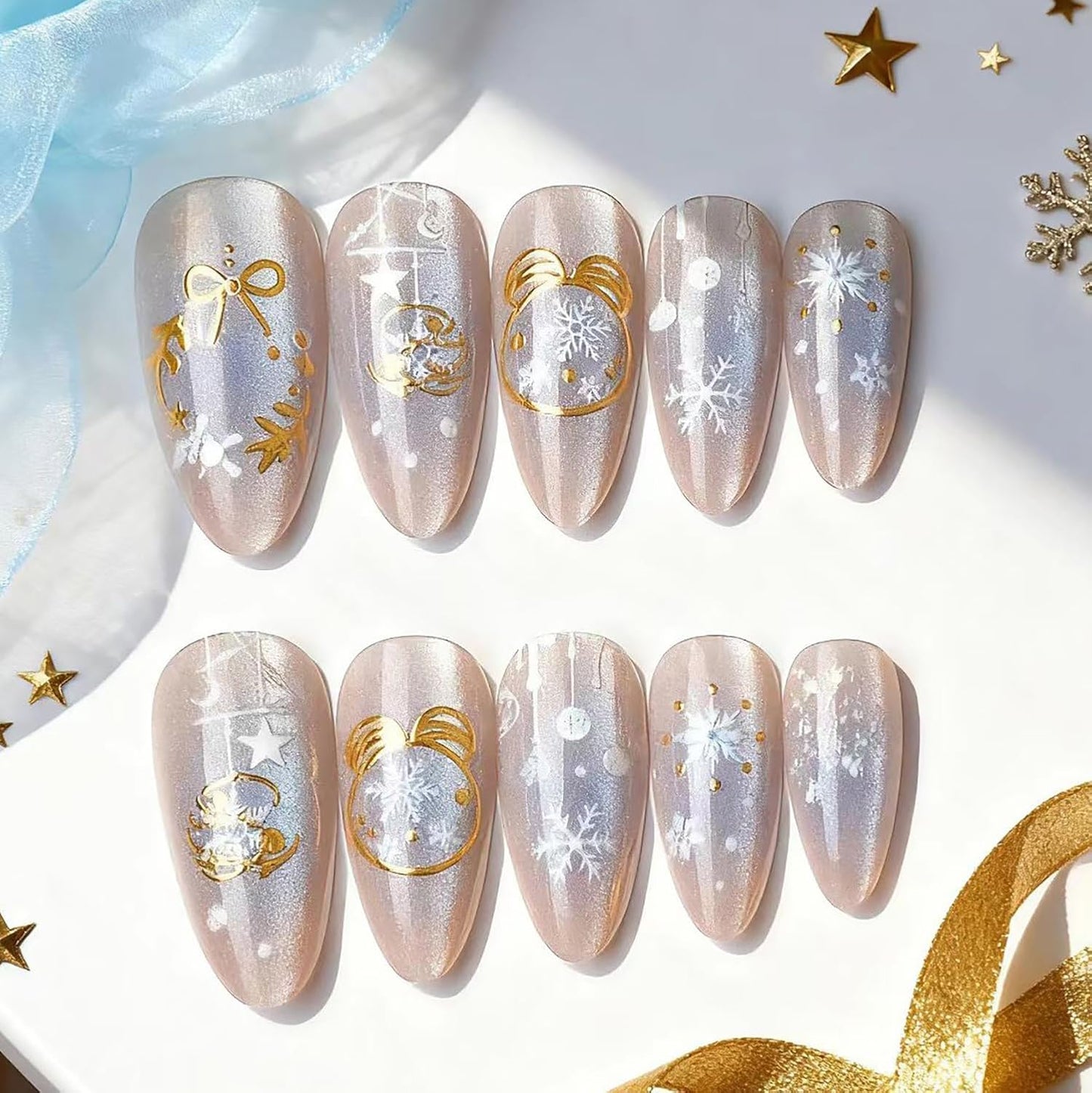 Christmas Press-On Nails - Medium Almond Acrylic Tips with Tree Wreath, Gold Beads & Rhinestones | Winter Holiday Design