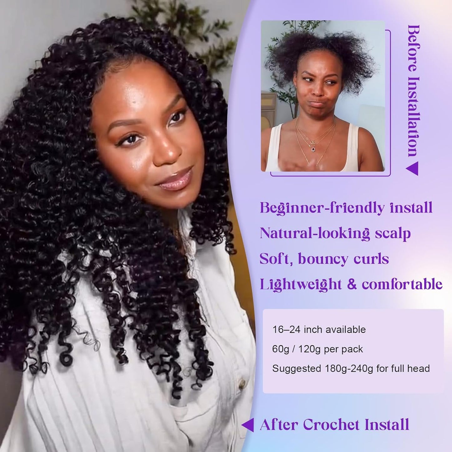 Burmese Curly Crochet Hair - 100% Real Human Hair, Lightweight & Soft | 24 Inch, 120g for Black Women
