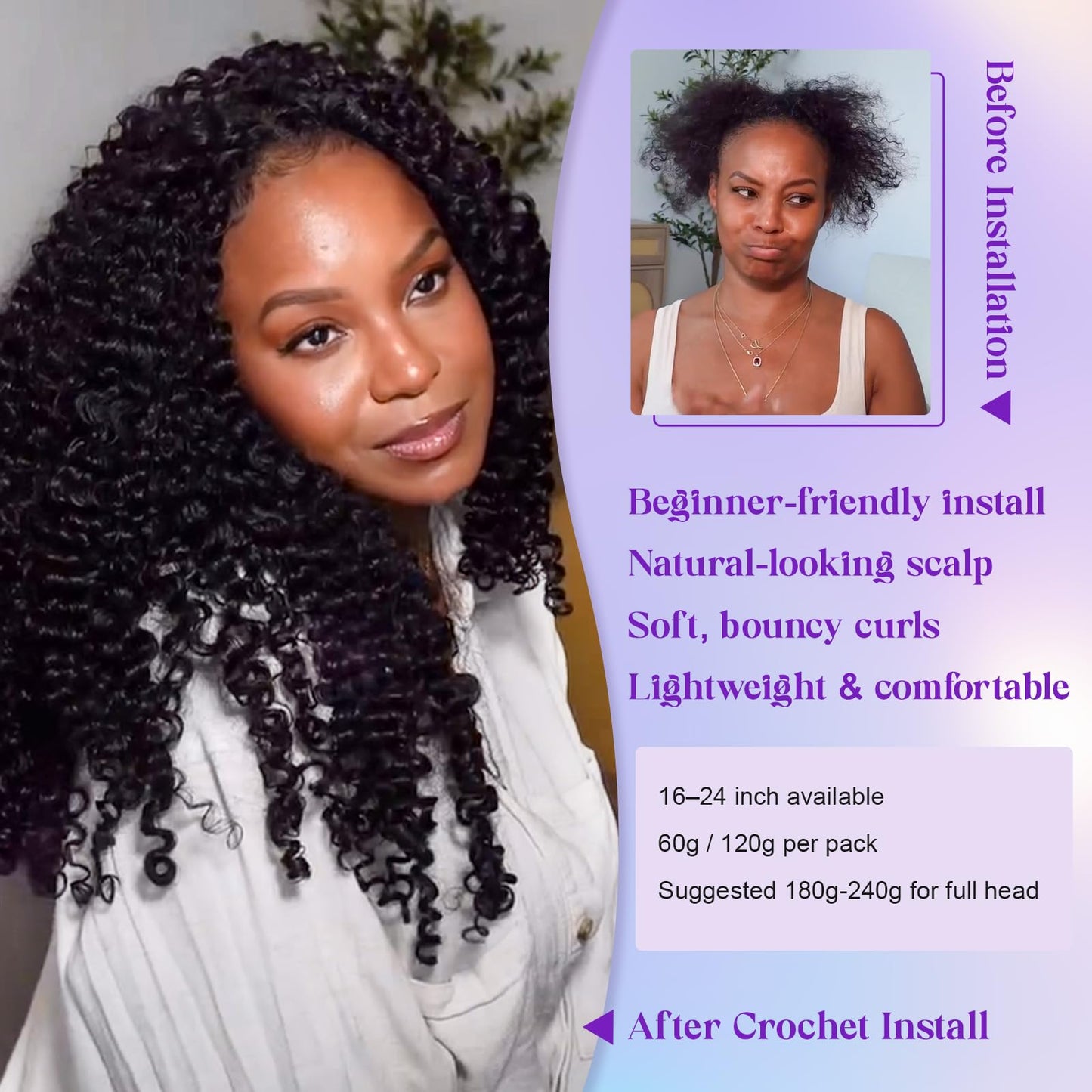 Feather Crochet Human Hair Burmese Curly Crochet Hair for Black Women Knotless Pre-Separated Lightweight Miracle Knots Crochet Human Hair 100% Real Human Hair Bundles Soft Reusable 16inch 120g