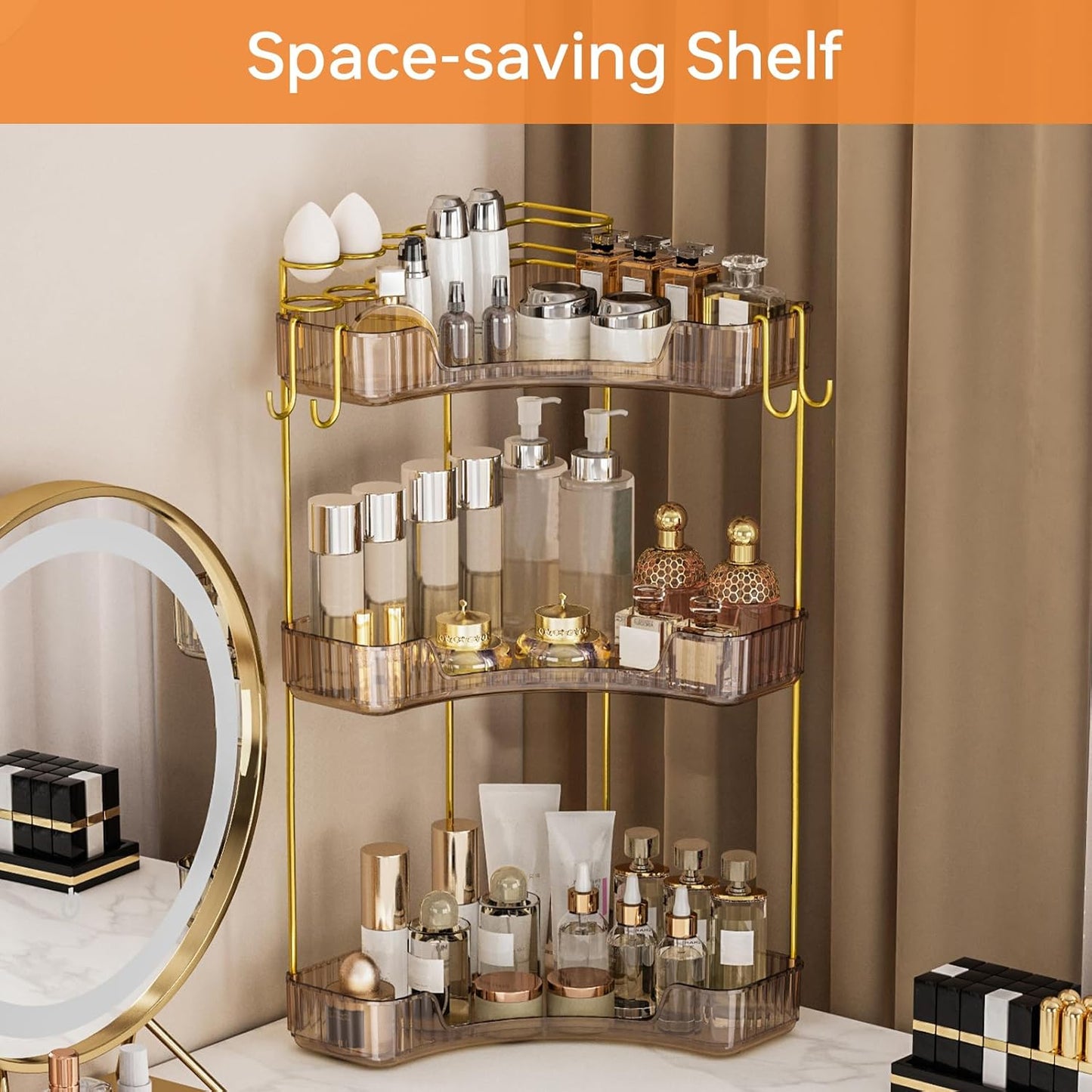 3-Tier Corner Bathroom Organizer - Makeup & Skincare Shelf with Built-in Brush Holder | Space-Saving Amber Design