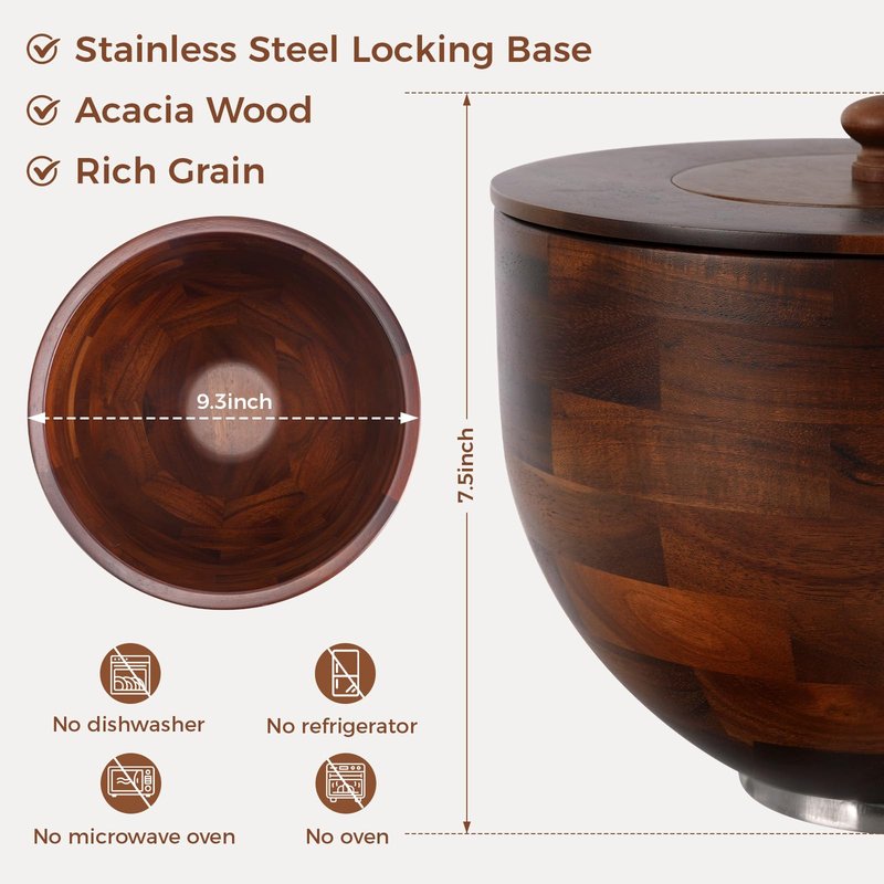 UTJZIB Wood Mixing Bowl Compatible with 4.5-5 Qt Tilt-Head Stand Mixers with Lid Cover - Natural True Acacia Wooden Bowls, 5 Quart Kitchen Aid Bowls for Mixer with Stainless Steel Locking Base.