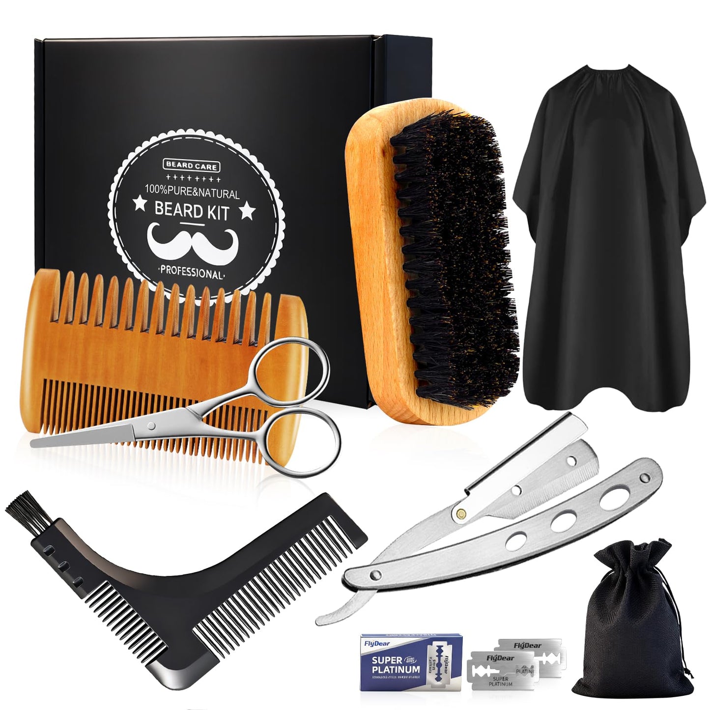 DUAIU 8Pcs Beard Brush and Comb for Men, Boar Bristle Brush and Dual Action Comb - Beard Shaper, Straight Shaving Razor with 10 Blades, Cape, Scissors Styling Cutting Tools with Bag