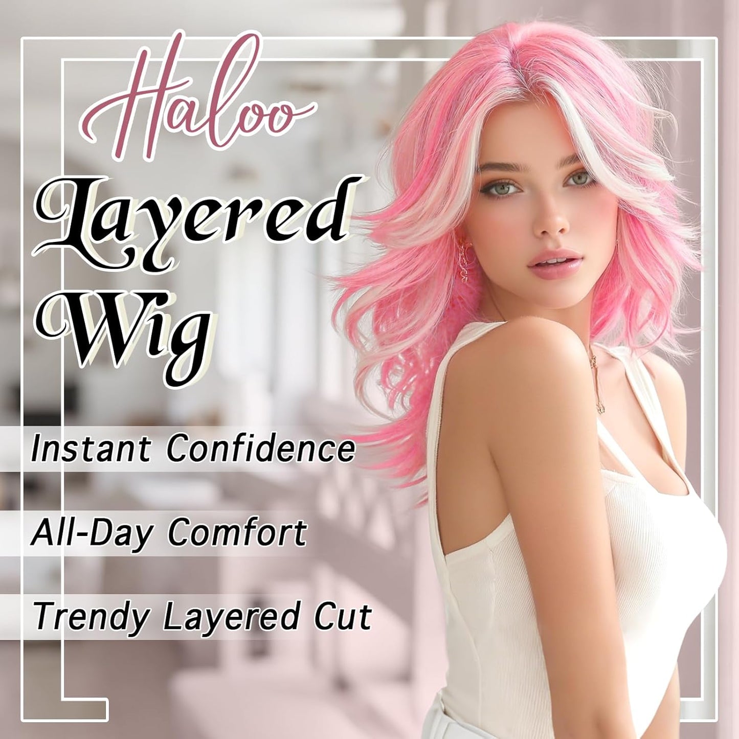 Pink Layered Wigs with Curtain Bangs - 20 Inch Long Wavy Synthetic Hair Wig for Women | Natural Looking Middle Part