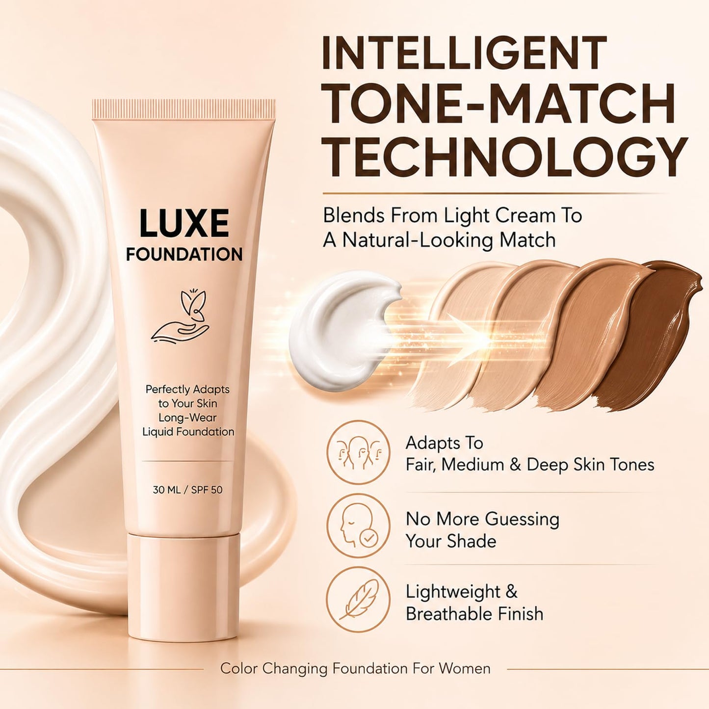 Luxe Foundation for Women, Color Changing Foundation, Hyaluronic Acid & Vitamin E, Creates Flawless Skin, Deep Hydration & Refines Pores for Natural Glow 30 ML