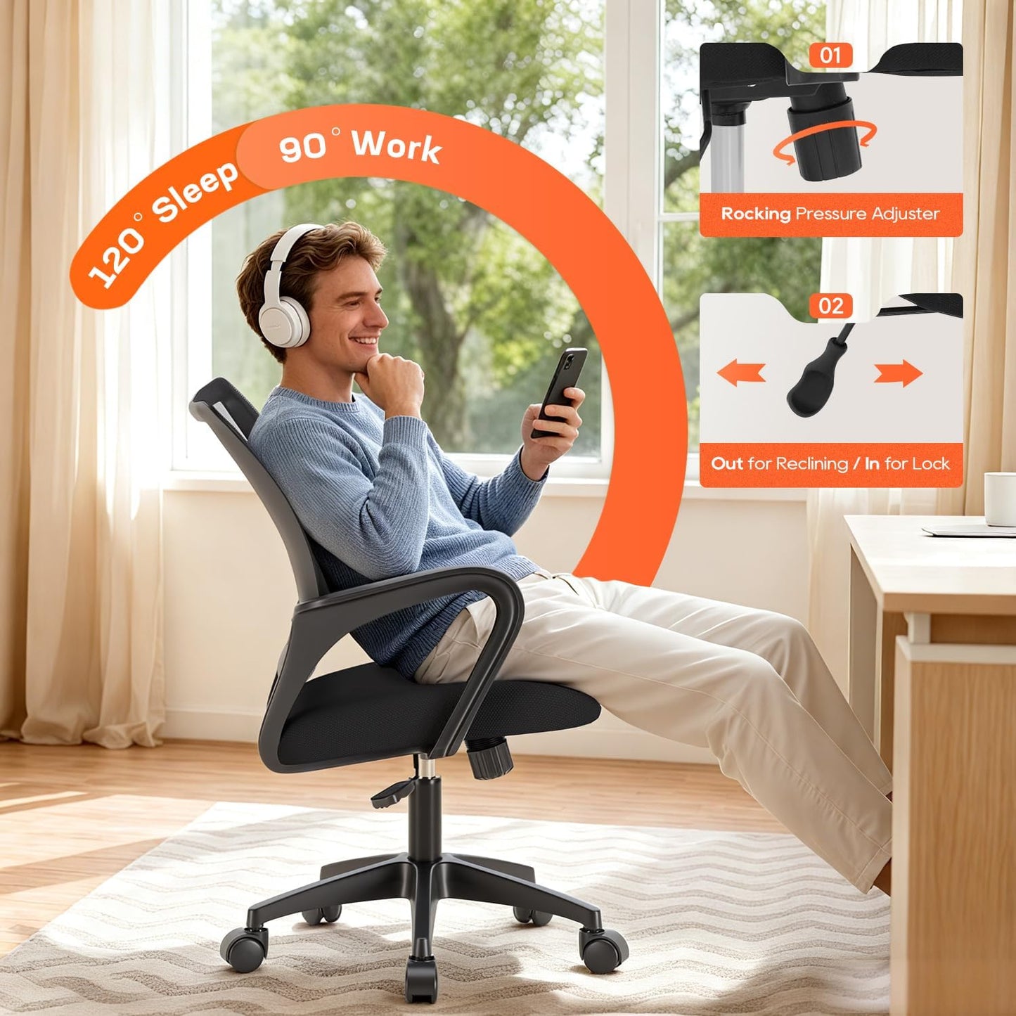 Ergonomic Office Chair - Mid-Back Swivel Desk Chair with Breathable Backrest & Lumbar Support - Adjustable Height | Dark Black