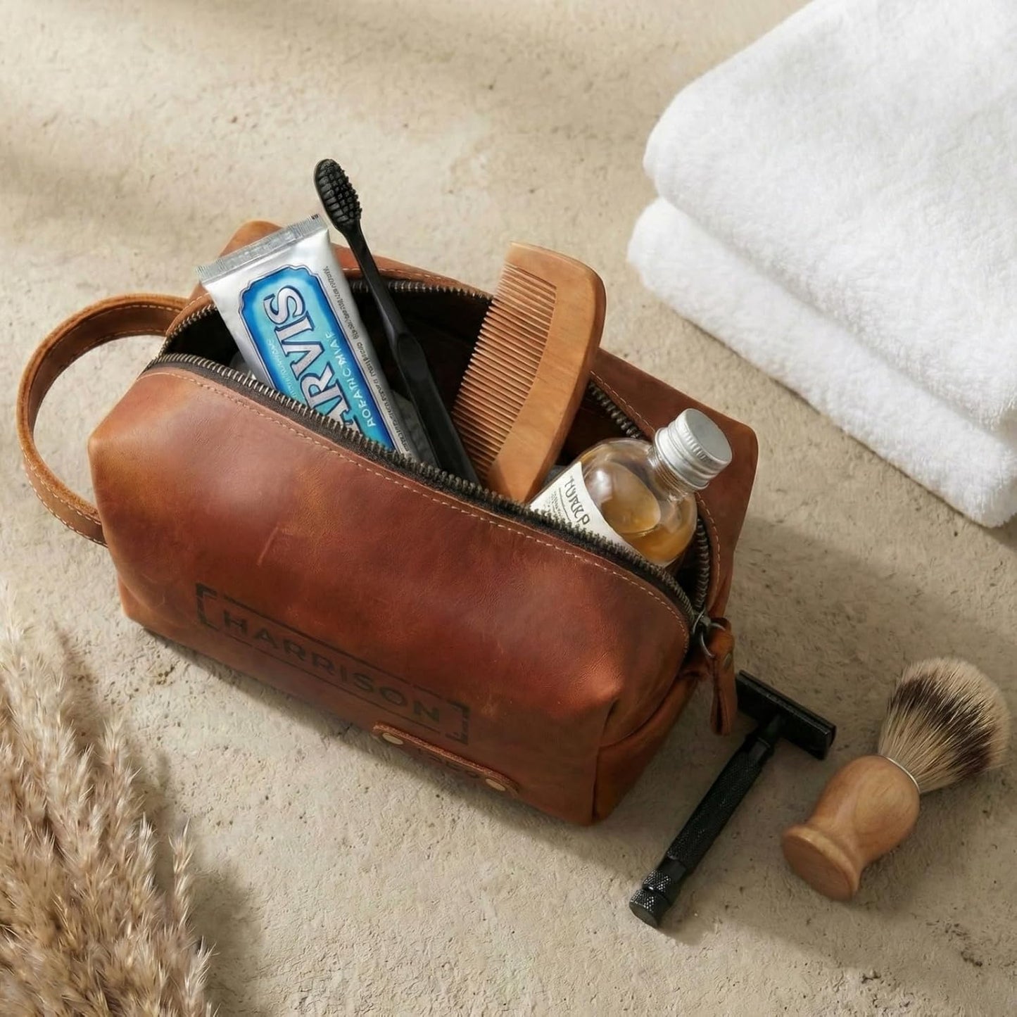 Personalized Toiletry Bag - Genuine Leather Dopp Kit with Custom Engraving | Travel Shaving Bag Gift for Men