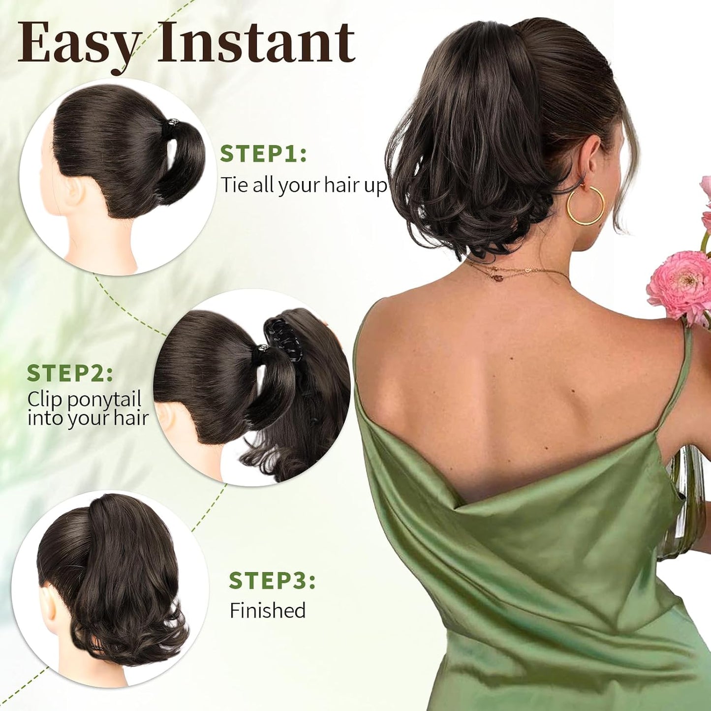 Ponytail Extension - 10" Short Claw Clip-In Wavy Hairpiece for Women | Medium Brown, Synthetic