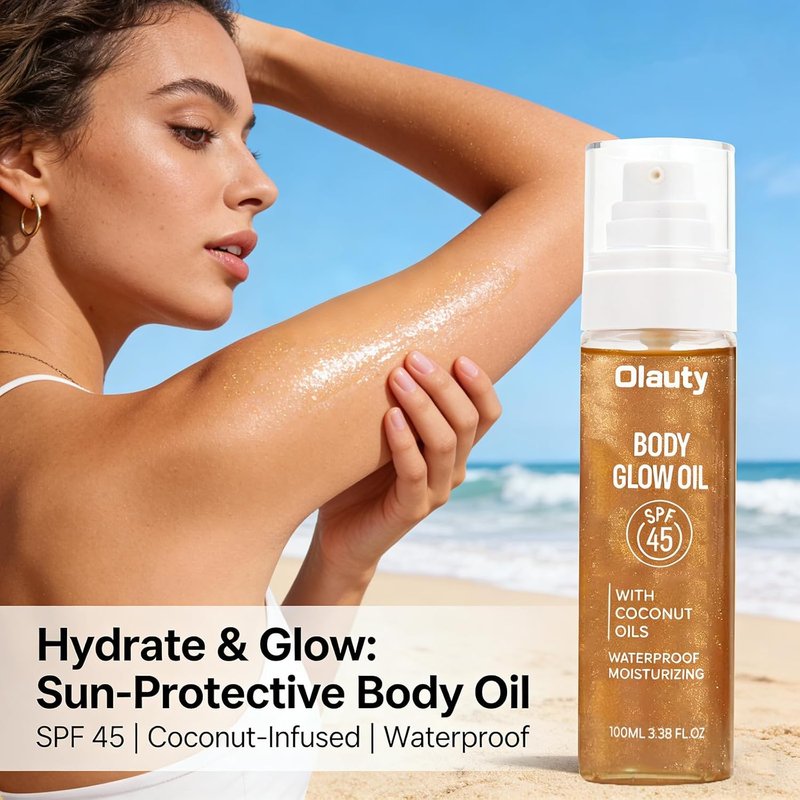 Sunscreen Body Glow Oil - Broad Spectrum SPF 45 | Lightweight Glitter Shimmer Oil for Sun-Kissed Skin (#03 Amber)