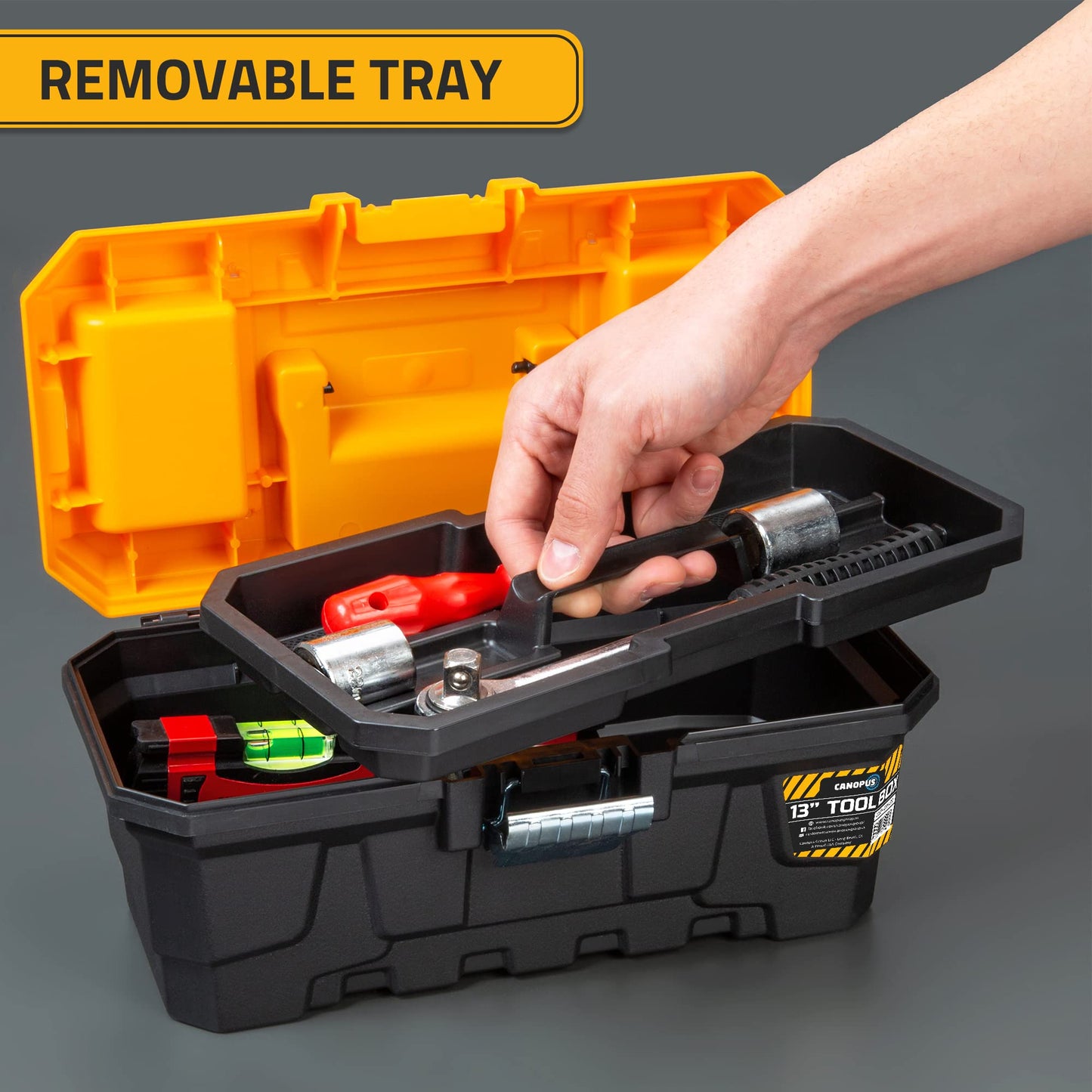CANOPUS Plastic Toolbox, 13-inch Portable Plastic Tool Box with Metallic Clutch, Small Tool Box Tool Organizer with Extra Storage Tray for Home Tools, Nails and Pins, Black-Yellow