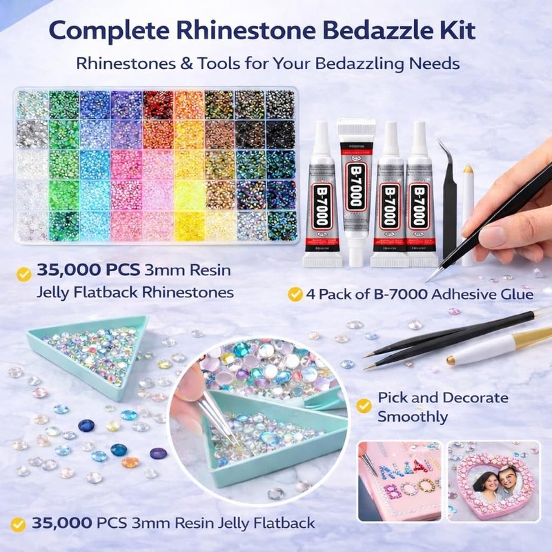Bedazzling Kit - 40 Colors 35,000 PCS Resin Flatback Rhinestones | DIY Craft Gems with Tools for Adults