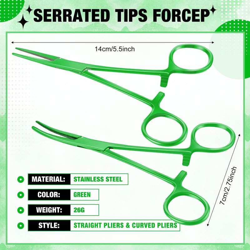 BBTO Hemostat Curved and Straight Hemostat Forceps Piercing Pliers Forceps, Stainless Steel Straight and Curved Pliers, Fishing Tweezer(Green,2 Pcs)