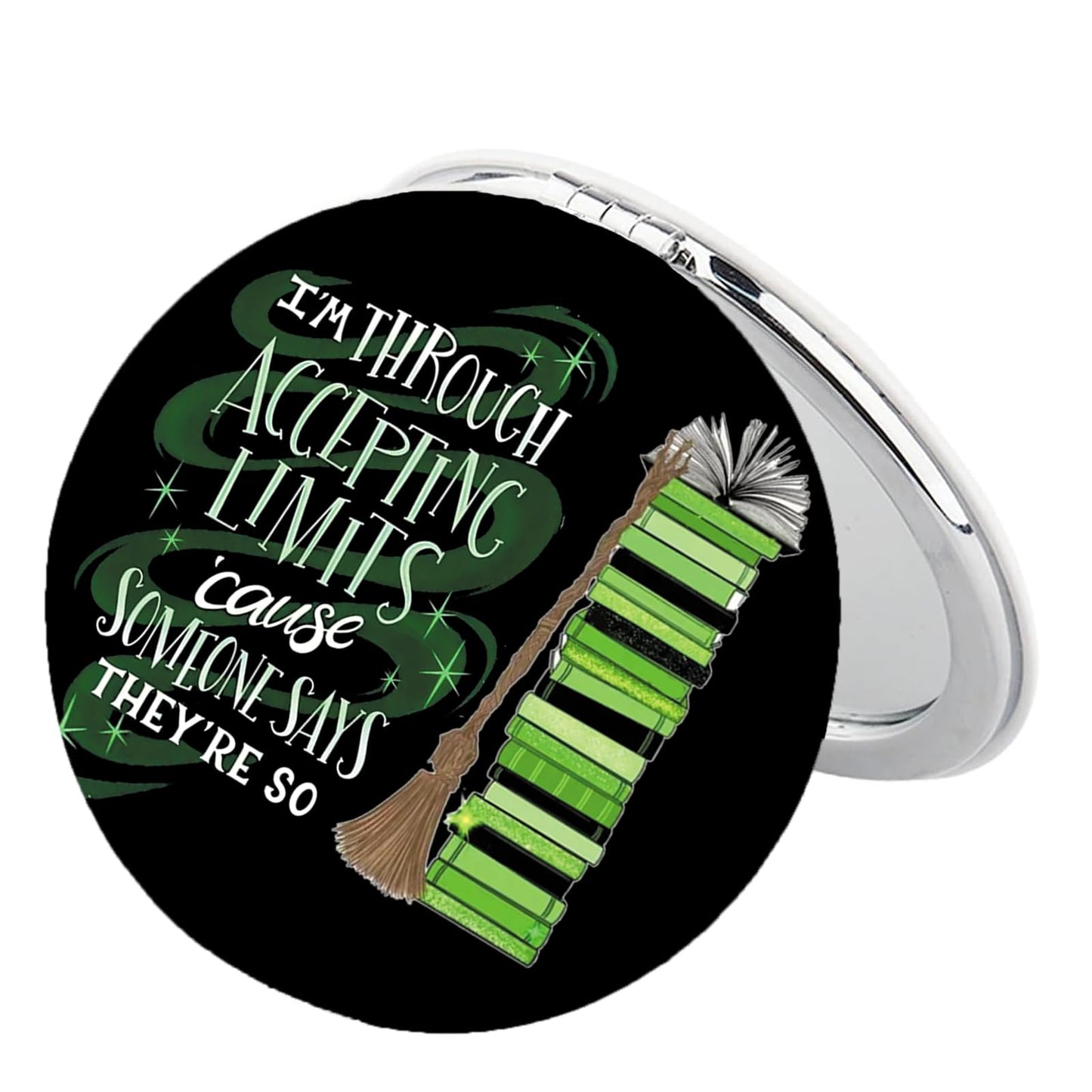 BEKECH Elphaba Quote Compact Mirror I’m Through Accepting Limits Green Witch Musical Makeup Mirror Gift for Theater Fans (Black)