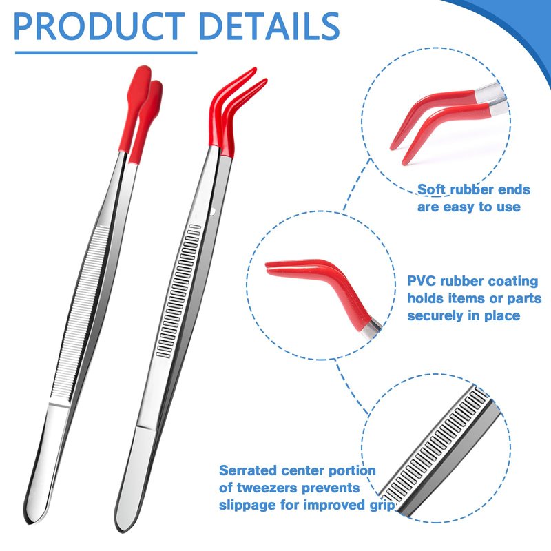 2 Piece Tweezers with Rubber Tips Set, Straight Tip PVC-Coated Precision Tweezers, Rubber Flat Tip Long Bent Tweezers, for Stamps Coins Jewelry Crafts Industrial Electronic Lab