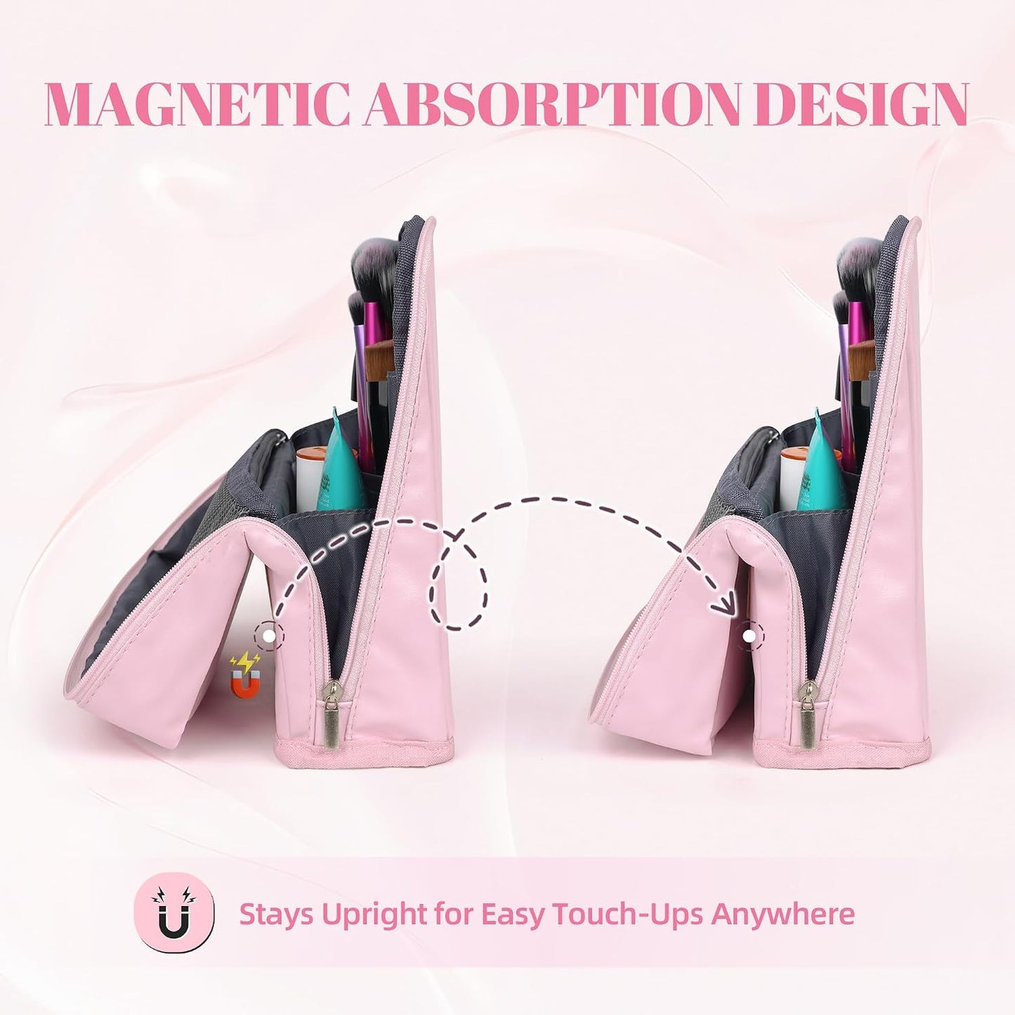 Portable Leather Makeup Bag - Waterproof Travel Cosmetic Organizer with Compartments | Large Capacity - Pink