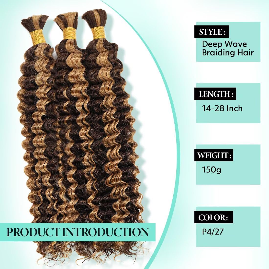 Boho Hair for Braiding, Ombre Curly Virgin Human Braiding Hair for Women, 12A Knotless Deep Wave Bulk Bohemian Styles, 150g 18 Inch 3 Bundles/Pack Highlight P4/27