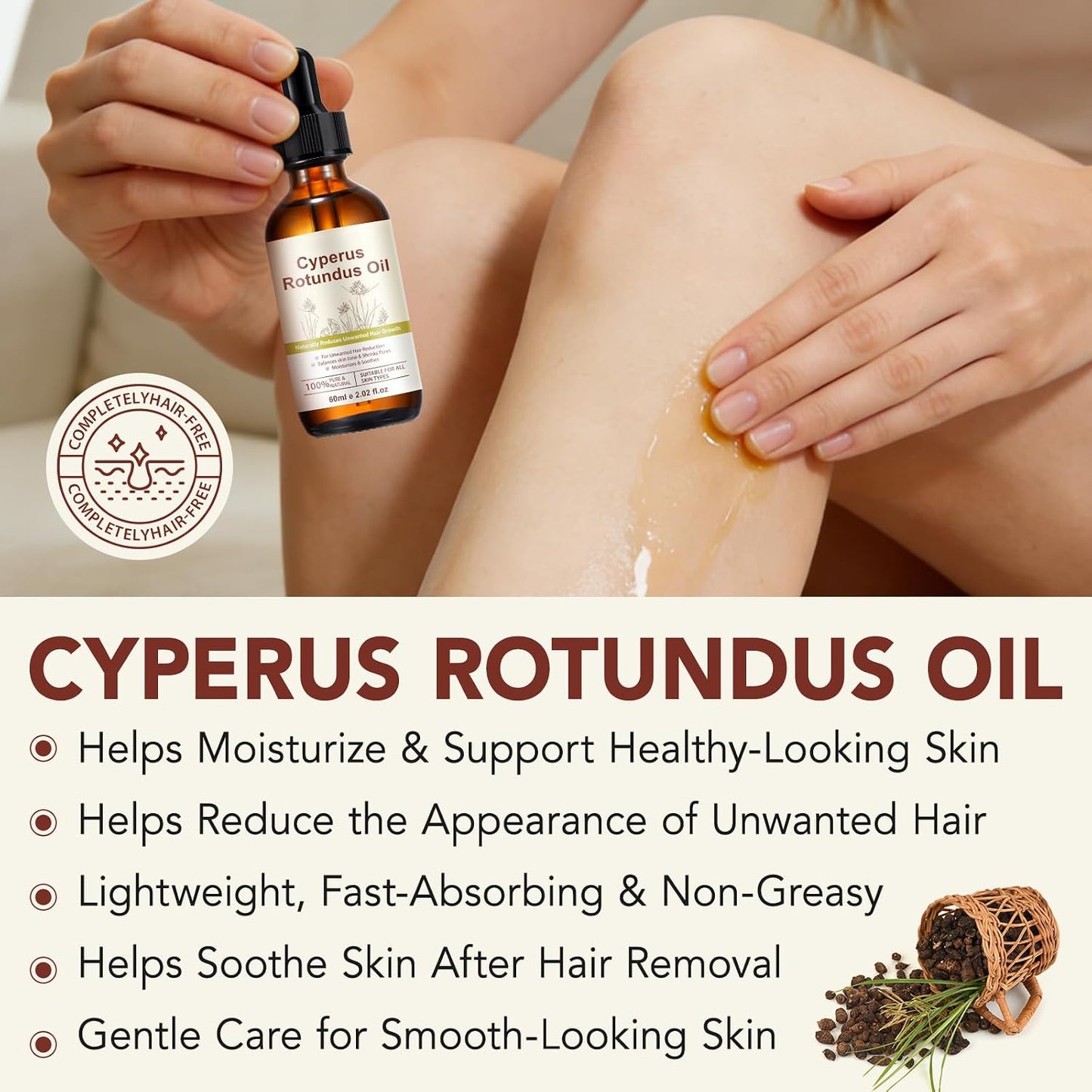 Cyperus Rotundus Oil - Hair Removal & Skin Repair Oil | Reduces Unwanted Hair Growth, 2.02 Fl Oz