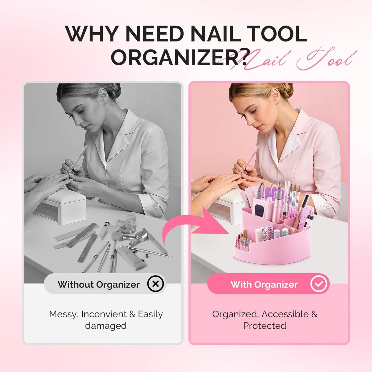 MelodySusie Nail Drill Holder - Large Capacity Nail Art Tools Storage Box | Sturdy Organizer for 3/32" Drill Bits, Pink