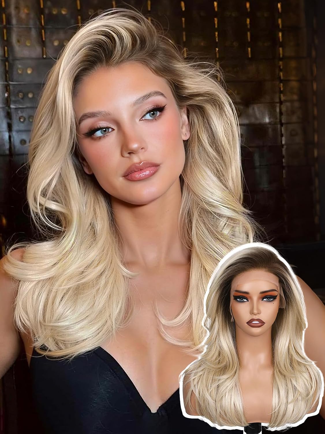 13x6 Synthetic Lace Front Wig - 18 Inch Blonde Layered Glueless Design | Pre-Plucked Hairline, Natural Density, Ombre Ash Blonde
