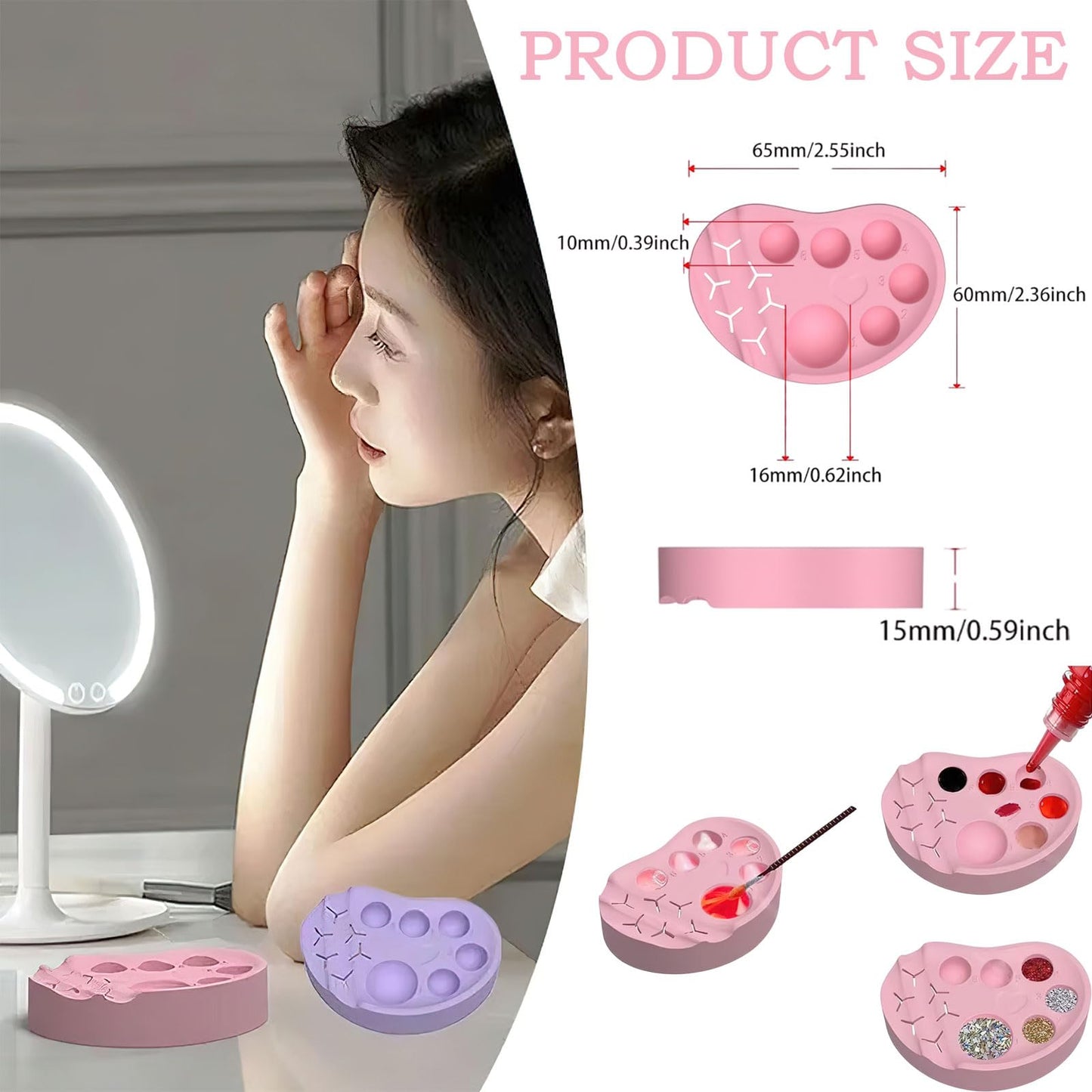 Silicone Nail Art Palette Multi-Function Polish Gel Mixing Tray Silicone Nail Stamping Plates Foundation Eyelash Painting Gels Palette for Cosmetics Brow Makeup Tool(Pink)