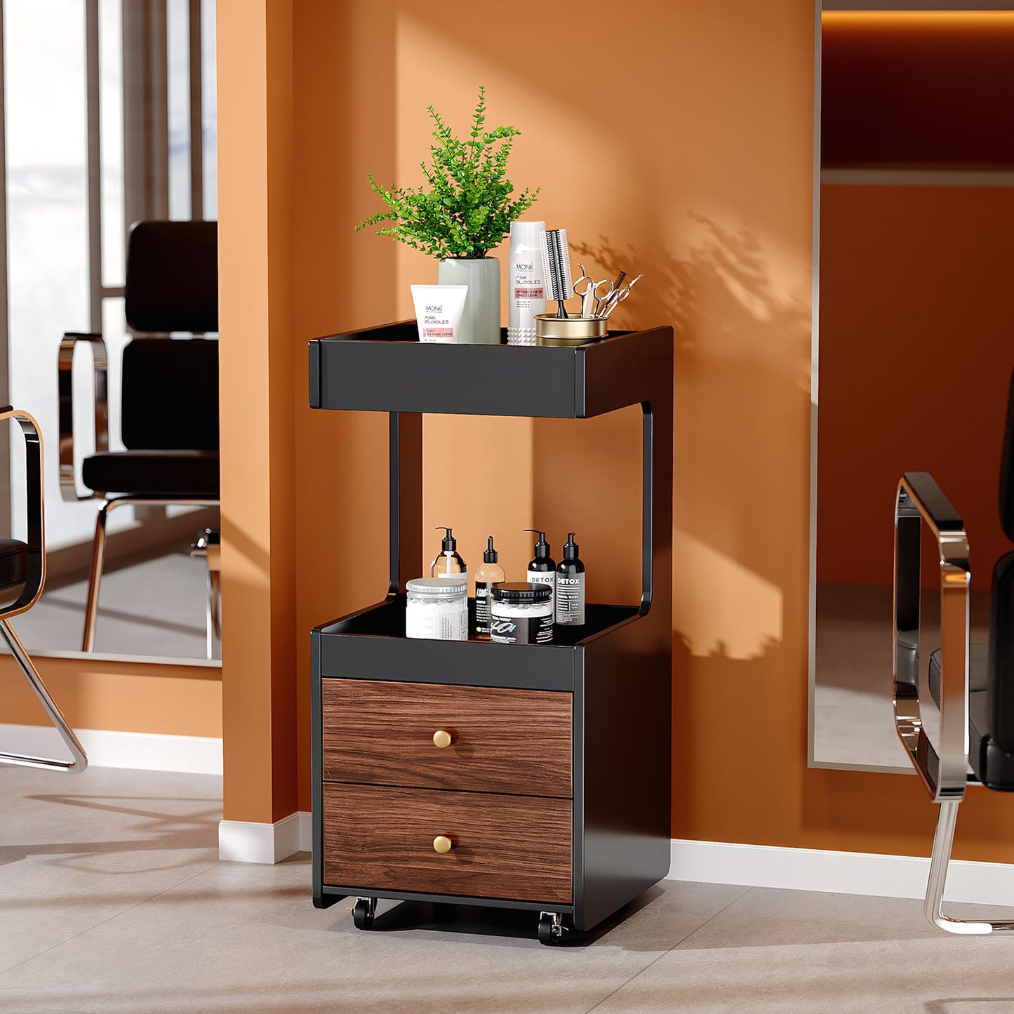 OmySalon Salon Trolley Cart, Esthetician Cart with Wheels, Hair Styling Station with 2 Drawers, 1 Open Shelf, Mobile Storage Cabinet Utility Trolley for Beauty Salon Spa, Black Walnut