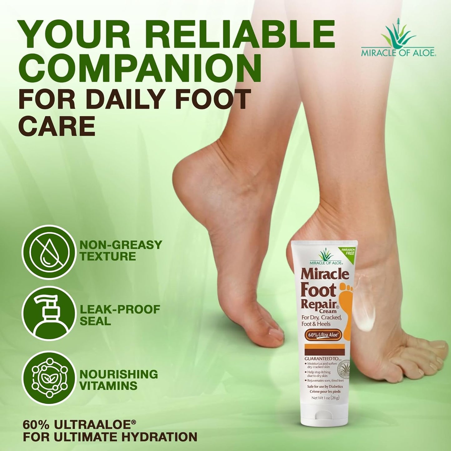 Miracle Foot Repair Cream - UltraAloe Moisturizing Formula for Dry, Cracked Heels | 1 oz, 3 Pack