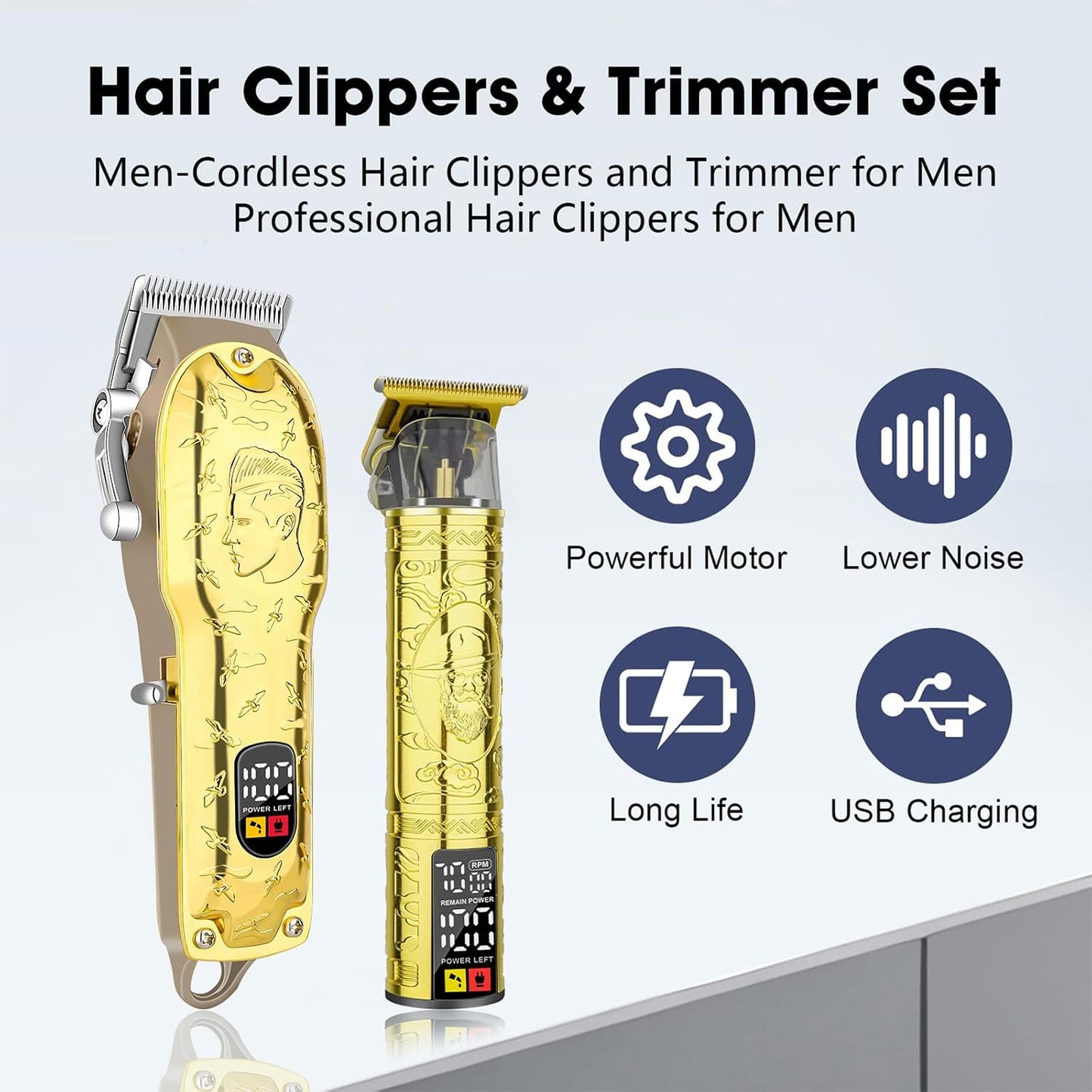 Men's Gold Hair Clippers - Cordless Professional Barber Trimmers with LED Display | Electric Grooming Kit for Haircuts & Beard Trimming