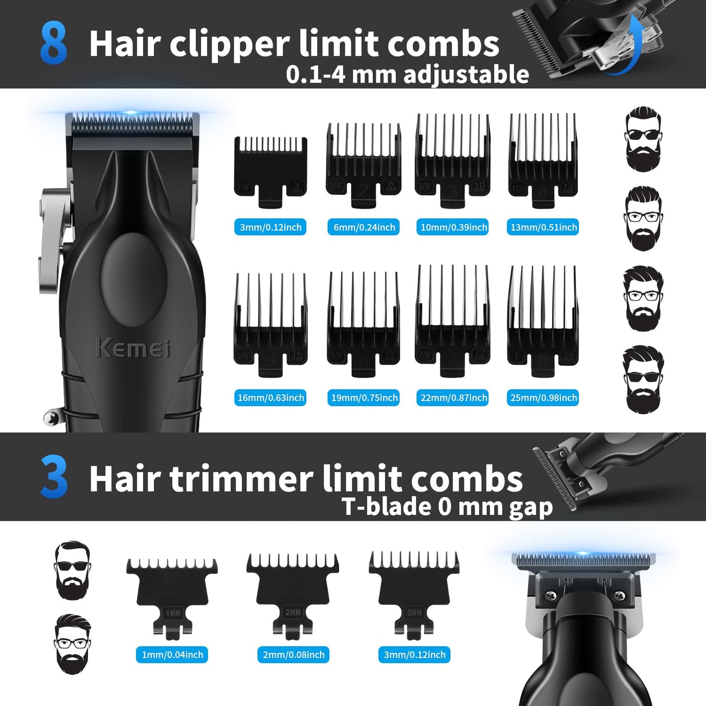 KEMEI Professional Hair Clippers for Men, Cordless Barber Clipper Beard Trimmer Foil Shaver Nose Eyebrow Ear Trimmer Set, USB Charging Complete Electric Hair Cutting Kit with 11 Guide Combs
