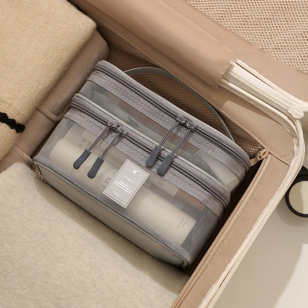 Mesh Cosmetic Bags 1/2/3 Layers Casual Wash Pouch Double-layer Storage Bag Portable Multifunctional(1 Layer Beige)