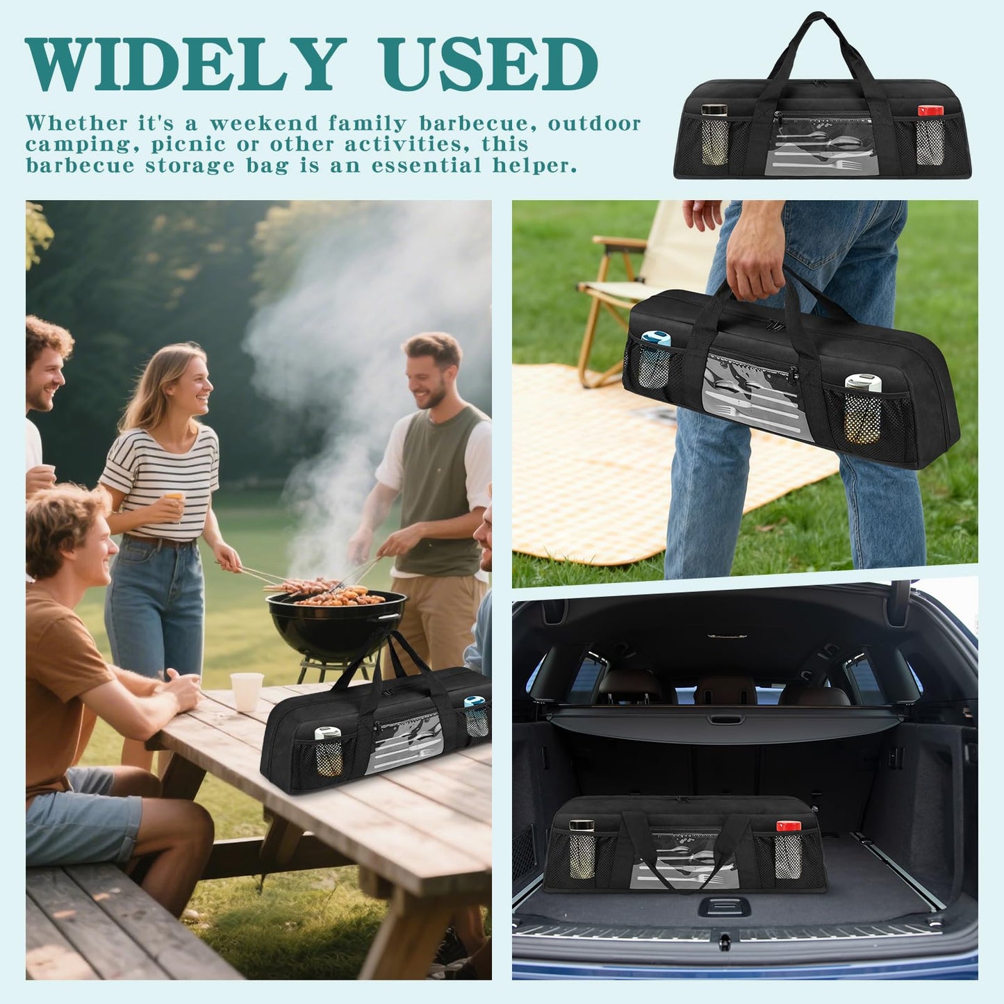 BOHEMIABY Grill Utensil Storage Bag, Large BBQ Tool Organizer Holder Caddy Case with Pockets, Fits up to 20" Tools, for Outdoor Grilling, Camping, Picnic, Barbecue Accessories (Bag Only, Black)
