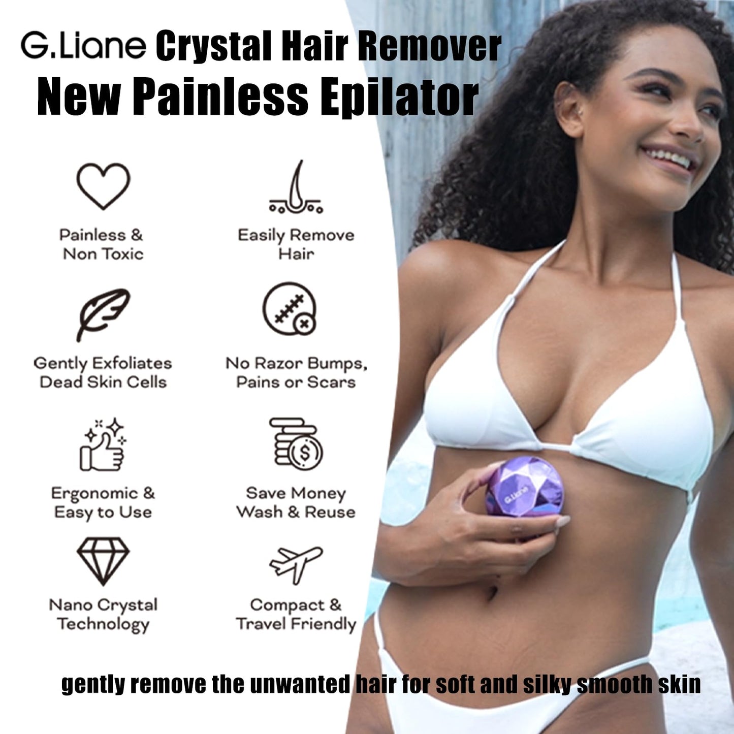G.Liane Crystal Hair Eraser,Painless Nano Hair Remover Exfoliation,Gentle and Efficient Glass Hair Removal Device Without Waxing,Natural Epilator for Women and Men(Violet)
