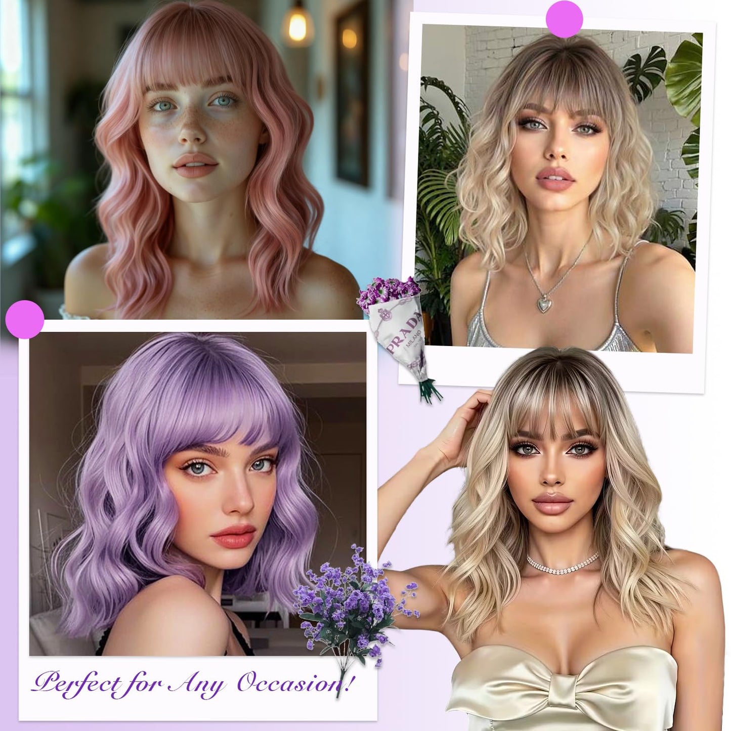 Short Wavy Wig with Bangs - Natural Curly Synthetic Hair for Women | 14-Inch Brown with Blonde Highlights