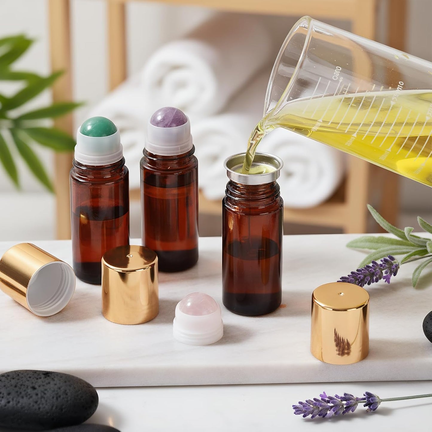 Rose Quartz Roller Ball Applicator - 50ml Refillable Amber Glass Perfume Bottle | Leak-Proof Travel Design with Gold Caps