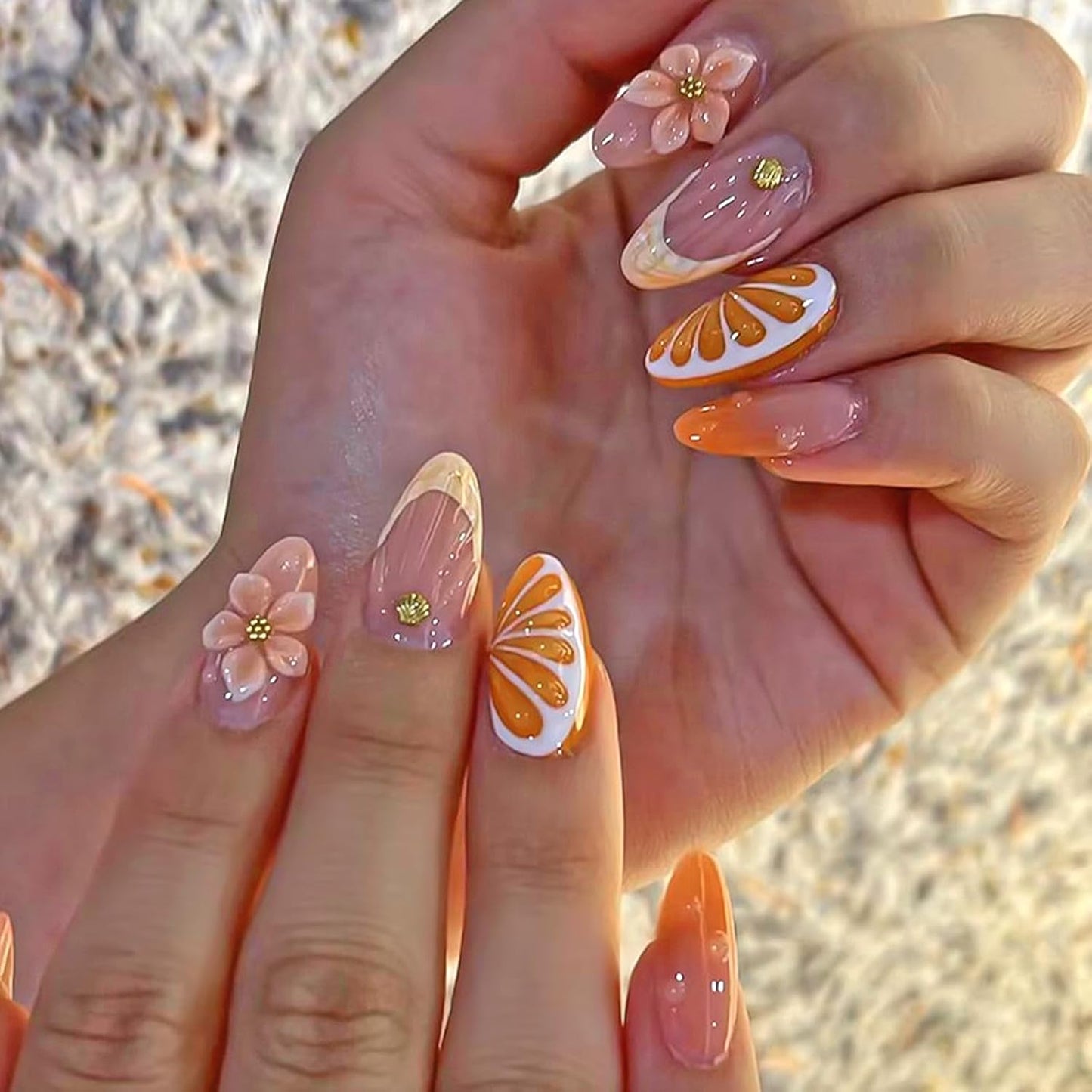 Colorful Summer Press-On Nails - Medium Almond Blue Ocean & Fish Designs | 30PCS Glossy Beach Nails for Women