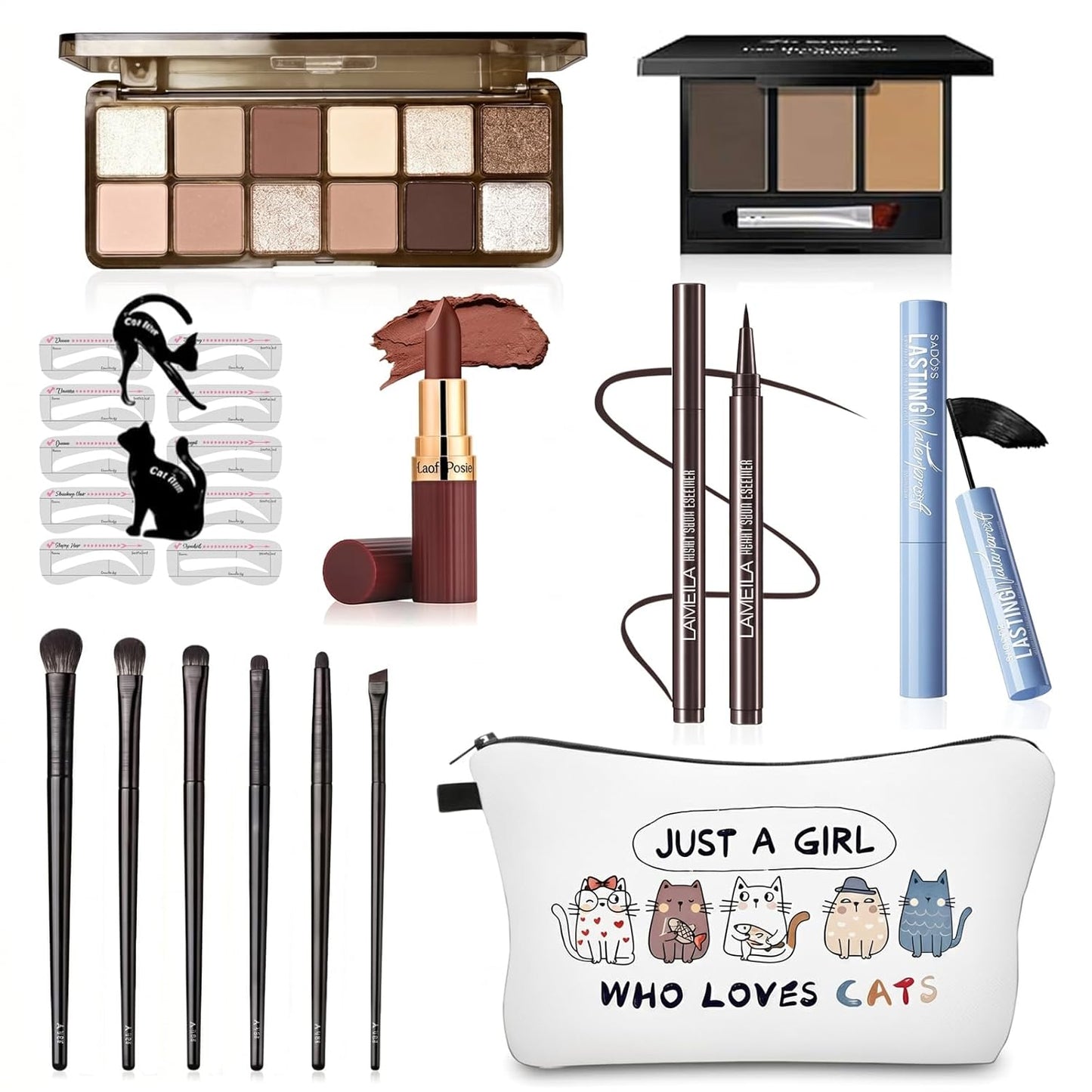 Eye Makeup Kit for Women - 90s Neutral Eyeshadow, Brow Powder, Cat Eyeliner Guides | Complete Makeup Gift Set for Girls & Teens