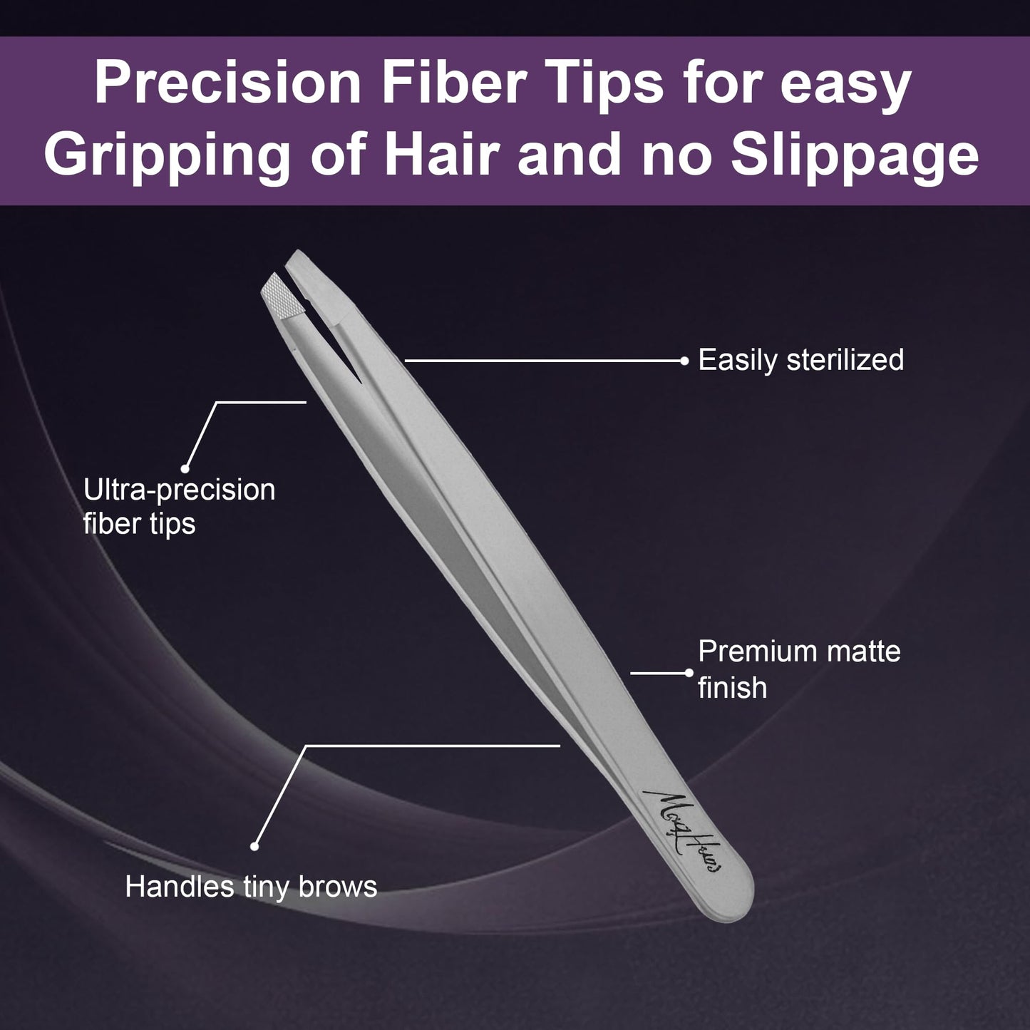 MaqHues Fiber Tip Tweezers Set – 4 Pcs Professional Eyebrow Tweezers Set, Precision Stainless Steel Ingrown Hair Tweezers for Facial Hair Removal, Slant Pointed Flat & Slant-Point Tips (Silver)