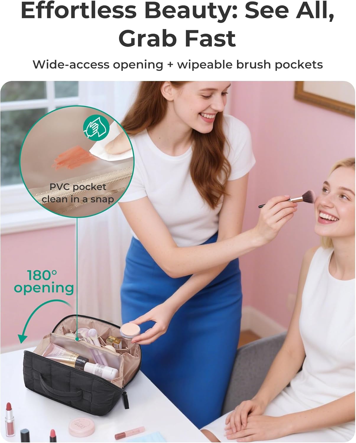 Travel Makeup Bag for Women - Portable Water-Resistant Cosmetic Case | Puffy Padded Organizer Pouch in Black