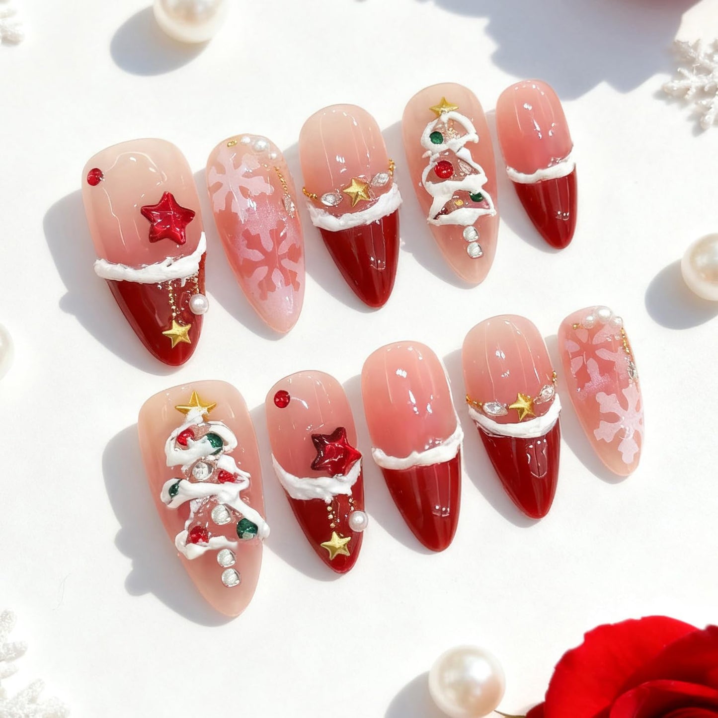 Christmas Press-On Nails - 24Pcs Medium Almond Acrylic with 3D Gold Snowflake & Floral Designs | Winter Red Full Cover