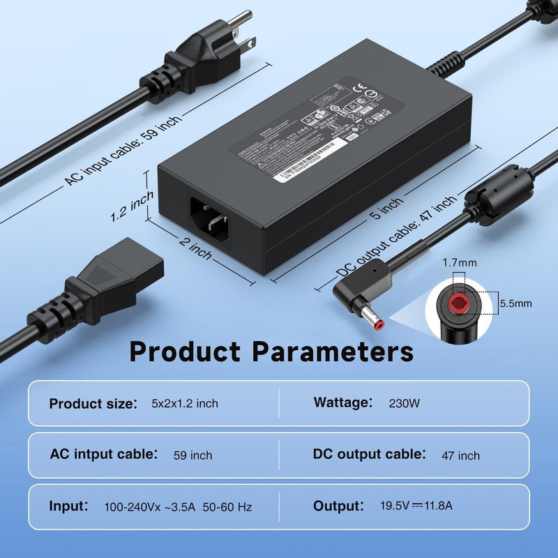 230W Laptop Charger Compatible with Acer Predator Helios 300 PH315-53 PH315-54 PH315-55, Helios Neo 16 PHN16-71, Nitro 5 AN515-58 AN517-55, Triton 500 PT515-52, ConceptD 7 CN715-72G19.5V 11.8A AC