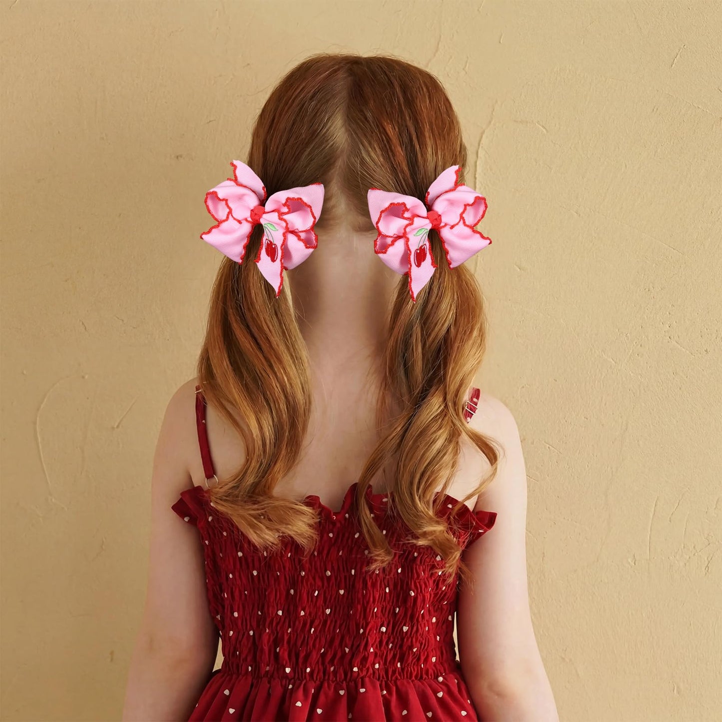4" Red Cherry Fruit Hair Bow Clips 2PC Pink Embroidered Grosgrain Ribbon Bowknot Alligator Clip for Teen Girls Women Birthday Party Dress Summer Outfit Decor Accessory Gift