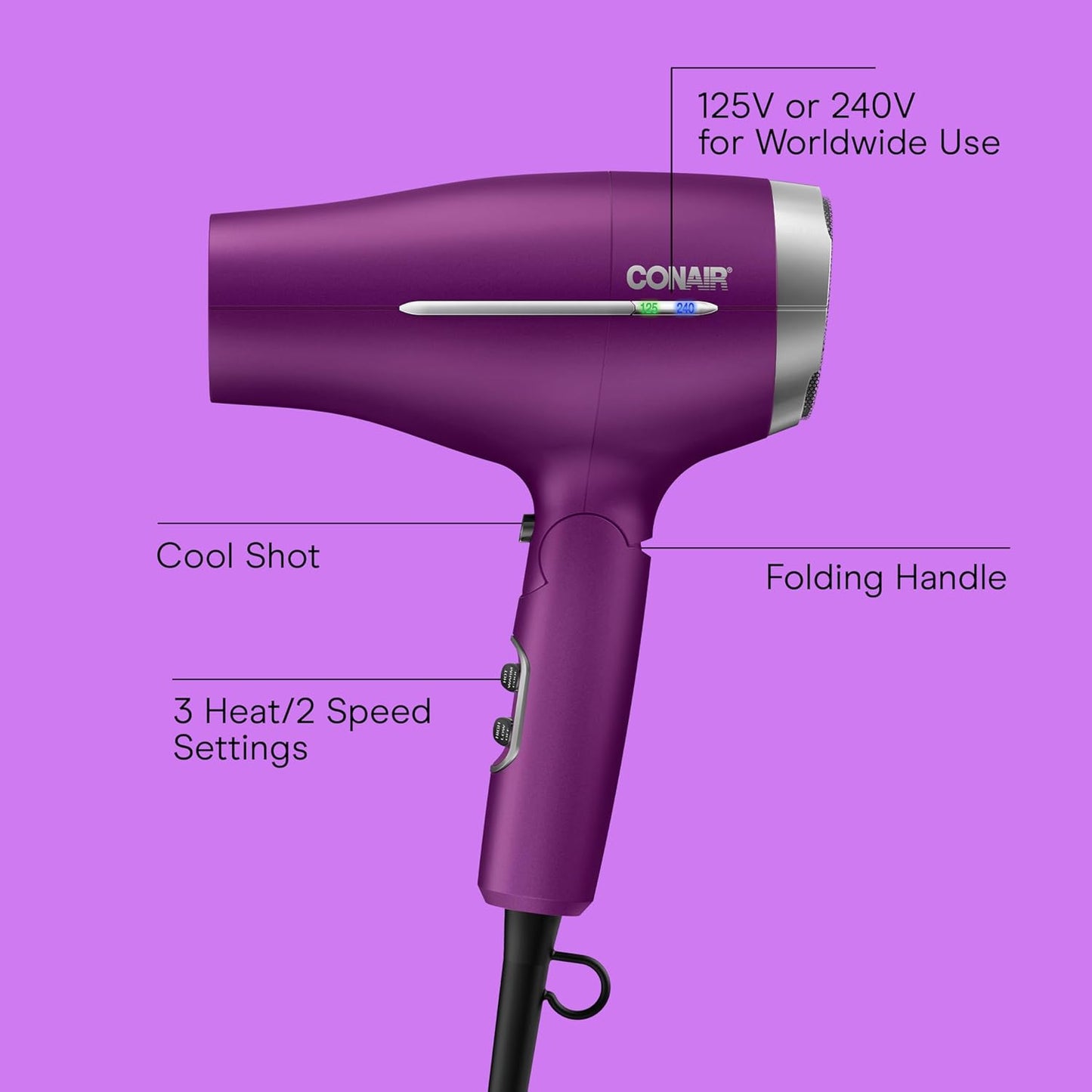 Conair Folding Handle Hair Dryer - 1875W Travel Blow Dryer with Ionic Conditioning | Purple, Concentrator & Diffuser Included