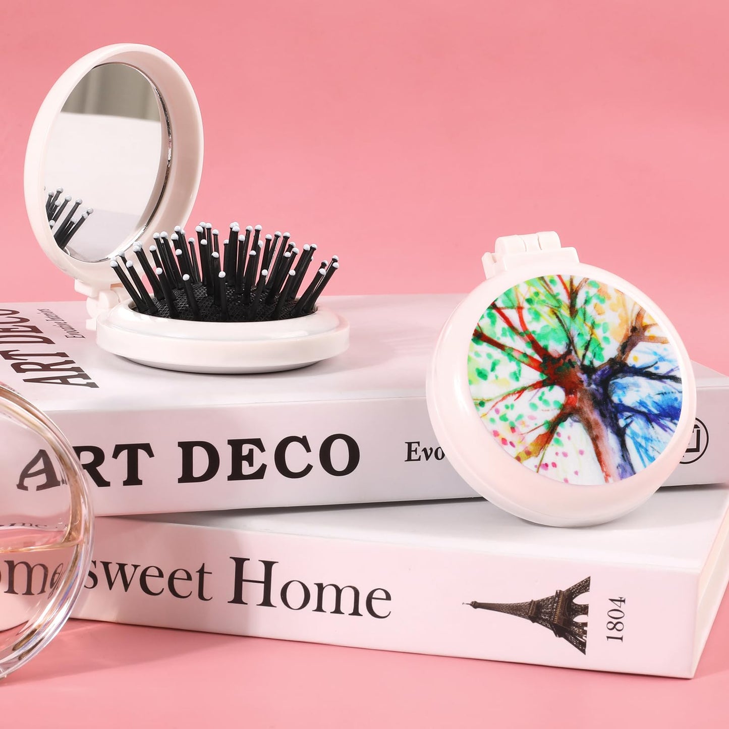 Mengduxd Mini Makeup Mirror Comb, Compact And Foldable, Portable, Women's Handbag Essential, Travel Essential Compact Comb (Colorful Trees)