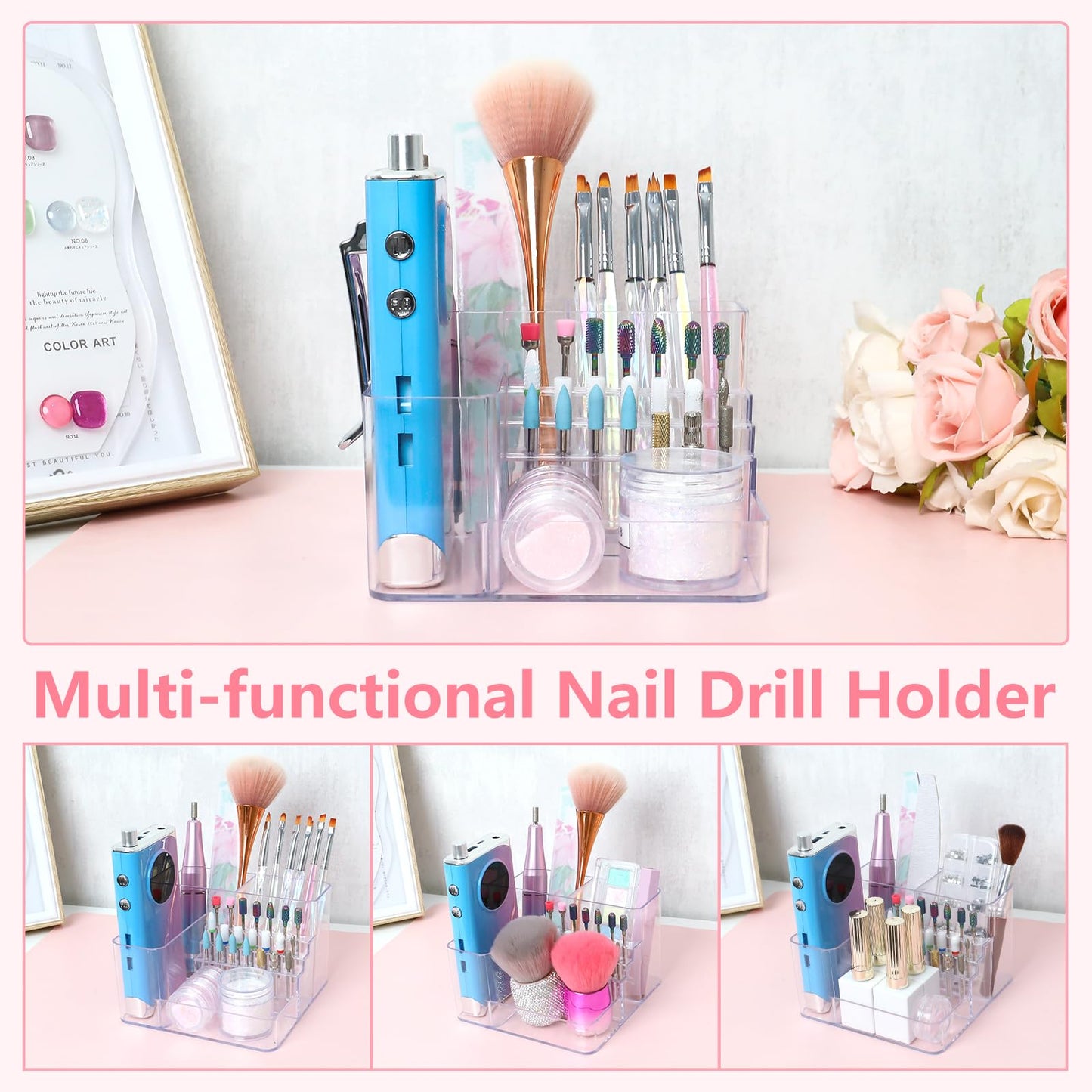YINGJEE Nail Drill Holder, 21 Holes Nail Drill Machine & Bits Storage Box, Acrylic Nail Drill Bit Holder Professional Nail Tools Organizer, Nail Desk Organizer for Nail Tech