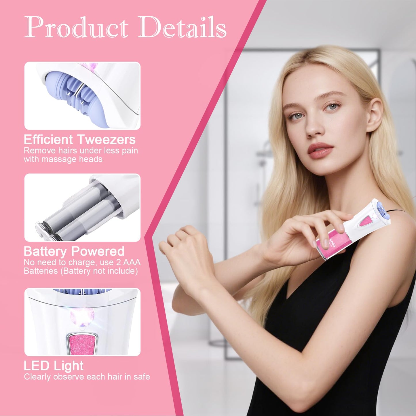 Skin Epilator, 2025 New Skin Hair Remover for Face, Facial Hair Removal for Women with LED Light, Cordless Epilators Hair Removal for Facial, Arms, Legs and Bikini (Pink)