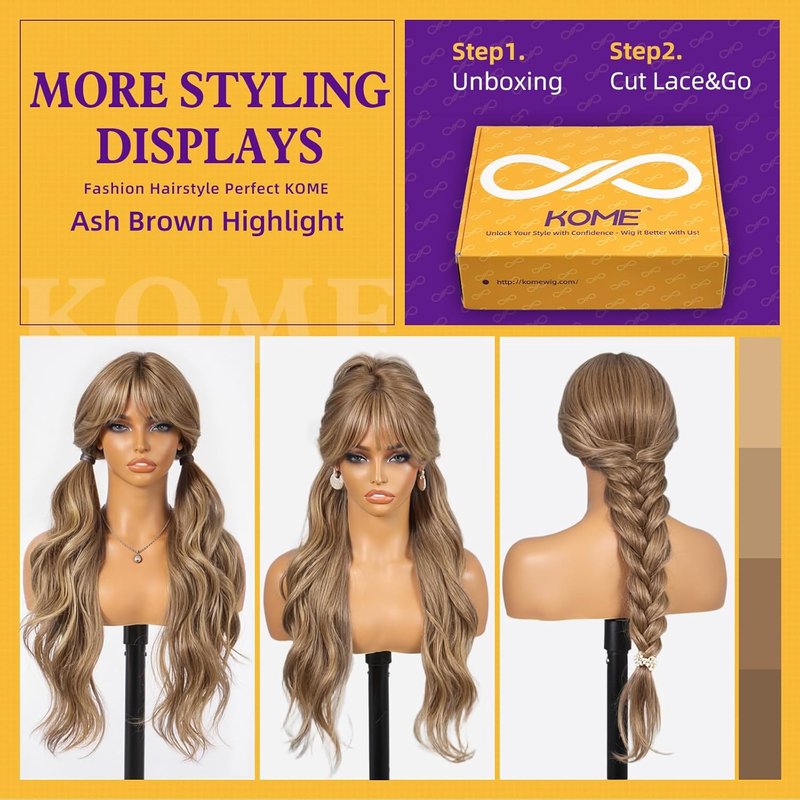 Ash Brown Highlight Synthetic Lace Front Wig - T Part Glueless Layered Wavy Style with Bangs | 26 Inch Heat Resistant for Daily & Party Use