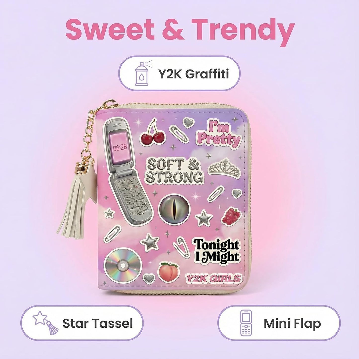 Y2K Aesthetic Wallet & Keychain Set - Cute Star Tassel Coin Purse with Acrylic Charms | Nostalgic 2000s Style Accessories