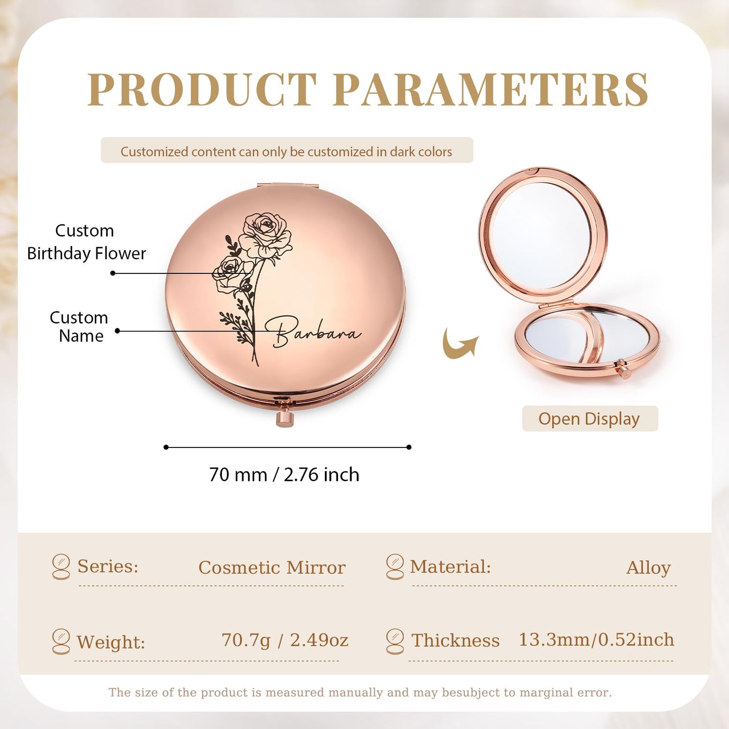 Ahgmeside Personalized Compact Mirror for Women - Pocket Mirror for Women,Custom Birthflower Travel Makeup Mirror for Wife, Mom, Bridesmaid Gifts for Daughter Friend (Rose Gold)